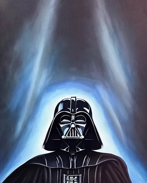 Image similar to acrylic painting portrait of darth vader in a star destroyer looking into outer space, view from behind, high production value, intricate details, high resolution, hdr, high definition, masterpiece, realistic, ultrarealistic, highly detailed, hd, sharp focus, non blurry, sharp, smooth