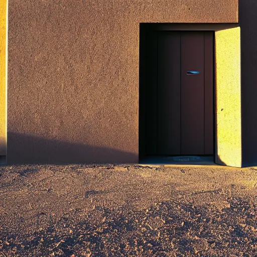 Prompt: a long, ground level shot of a standard door made of metal, the door has a shell made of concrete, facing the camera, set somewhere in nevada desert, barren mountains far away, centered composition, high noon, brightly-lit, yellow cinematic lighting