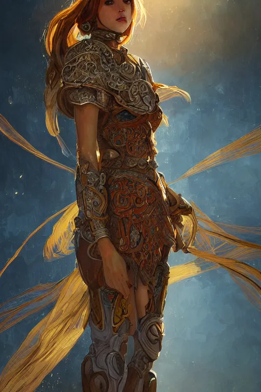 Image similar to portrait knights of Zodiac girl, metalic orange and dark blue reflected armor, in ruined Agora of Athens sunrise, ssci-fi, fantasy, intricate, very very beautiful, elegant, golden light, highly detailed, digital painting, artstation, concept art, smooth, sharp focus, illustration, art by tian zi and WLOP and alphonse mucha