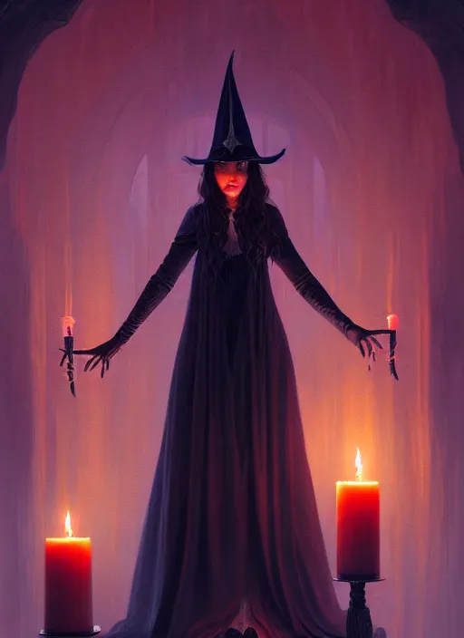 Image similar to portrait of a satanic witch standing and holding a candle, intricate, elegant, glowing lights, highly detailed, digital painting, artstation, glamor pose, concept art, smooth, sharp focus, illustration, art by artgerm and greg rutkowski, artey freytag