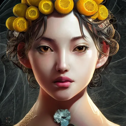 Image similar to the portrait of an absurdly beautiful, graceful, elegant, sophisticated, young gravure idol made up of lemons, an ultrafine hyperdetailed illustration by kim jung gi, irakli nadar, intricate linework, bright colors, octopath traveler, final fantasy, unreal engine 5 highly rendered, global illumination, radiant light, detailed and intricate environment