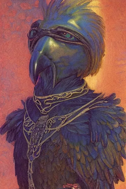 Prompt: an anthropomorphic raven dressed as a renaissance lord , by Annie Swynnerton and Nicholas Roerich and jean delville and Gaston Bussière, iridescent beetles, rich color, dramatic cinematic lighting, featured on Artstation, extremely detailed