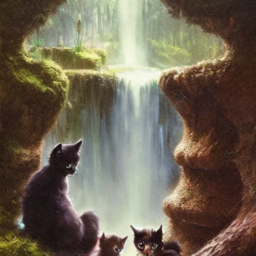 Prompt: two kittens watching the waterfall in the enchanted forest, fantasy, intricate, extremely detailed, matte, artstation, art by greg rutkowski, louis wain, alan lee