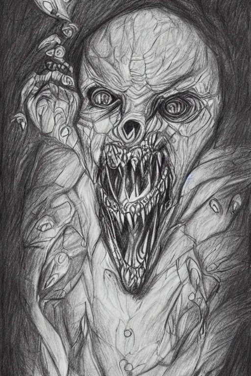 Prompt: the monster that lives under your be, pencil sketch