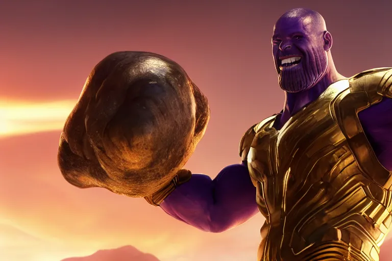 Prompt: MCU 3D render of gigachad thanos smiling, wearing infinity gauntlet, high quality wallpaper, desktopography