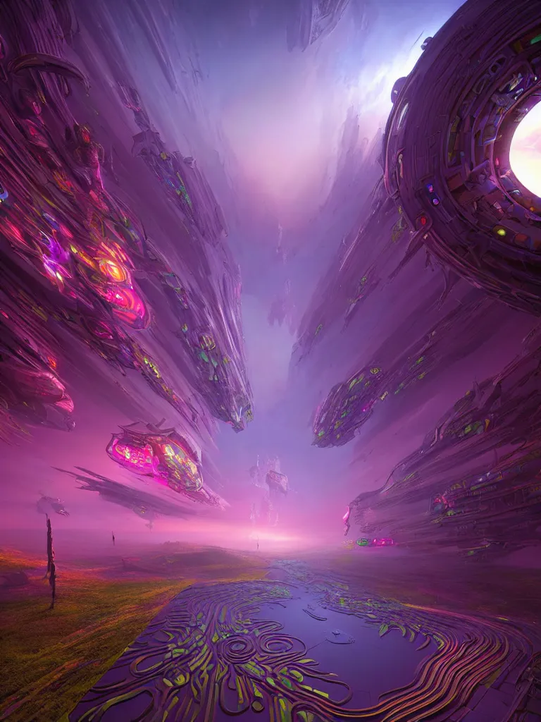 Prompt: entrance to ethereal realm, rendered in unreal engine, central composition, symmetrical composition, dreamy colourful cyberpunk colors, 6 point perspective, fantasy landscape with anthropomorphic!!! terrain!!! in the styles of igor morski, jim warren, and rob gonsalves, intricate, hyperrealistic, volumetric lighting, big sky, distinct horizon