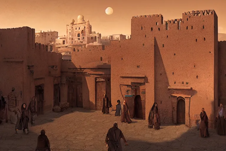 Image similar to in the middle of a adobe house kasbah town, mud and brick houses, merchant street, pueblo dense architecture, narrow streets, colorful crowd. Huge persian temple in the background with round roof, big door. Scenic view at night, underexposed, clean horizon, matte painting by craig mullins and Anato_Finnstark, dark fantasy, style of game of thrones, concept art trending on artstation, 4k, insane details