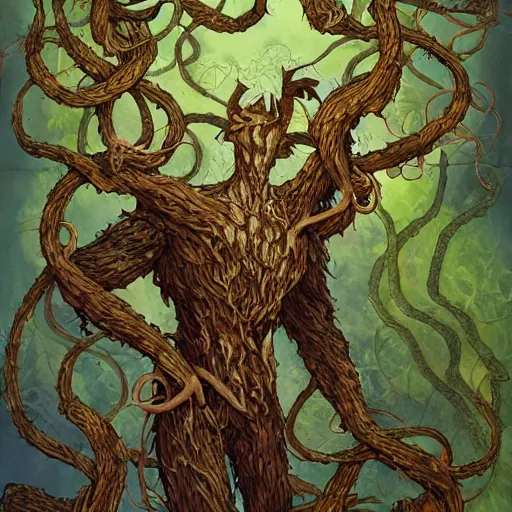 Image similar to anthropomorphic tangle of vines and plant matter. this fantasy creature guards the woods from unwary travelers. similar to a treant or forest spirit. By rebecca guay, by terese nielsen, by aaron miller, by kieran yanner. trending on artstation. 4k resolution.