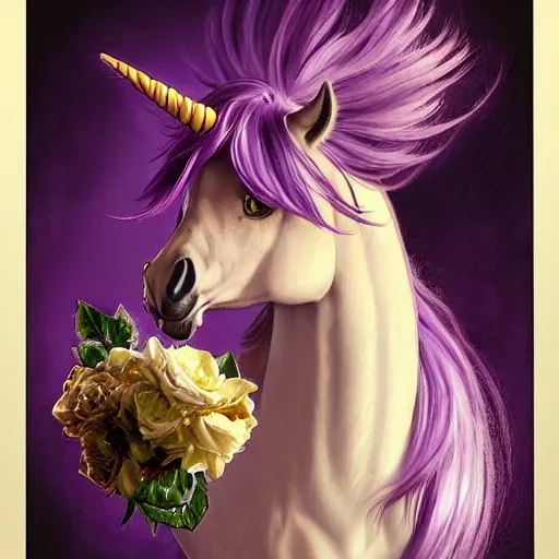 Prompt: portrait of a menacing beautiful Rarity, unicorn mare, short muzzle, top half of body, My Little Pony, by Stanley Artgerm Lau , greg rutkowski, thomas kindkade, alphonse mucha, loish, norman rockwell, J. C. Leyendecker. bright purple mane, purple fur, angry complexion, beautiful detailed eyes, black rose frame. D&D, fantasy. Trending on artstation rule of thirds extremely detailed old illustration hd 4k