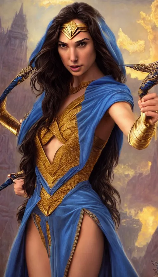 Prompt: gal gadot as a sorceress, passionate, seductive, sweaty, intricate dressed in ornate blue robes and staff, lovely, intricate, highly detailed, digital painting, artstation, concept art, karma sutra, smooth, sharp focus, illustration, unreal engine 5, 8 k, art by artgerm and greg rutkowski and alphonse mucha