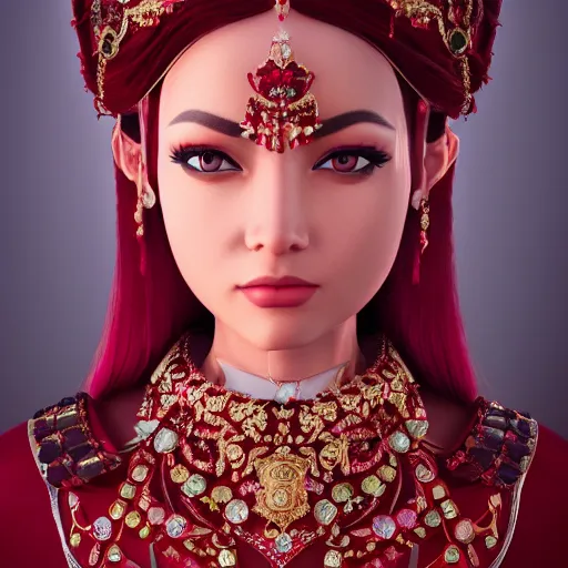 Image similar to portrait of beatiful princess of ruby with fair skin, adorned with jewels, ornate 8 k gorgeous intricate detailed, accent lighting, dramatic light, octane render