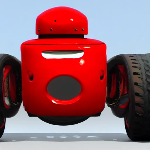 Image similar to a red robot with big tires on it's shoulders, big hands, Ferrari logo on it's chest, wearing a round helmet | unreal engine | hd | 3D model