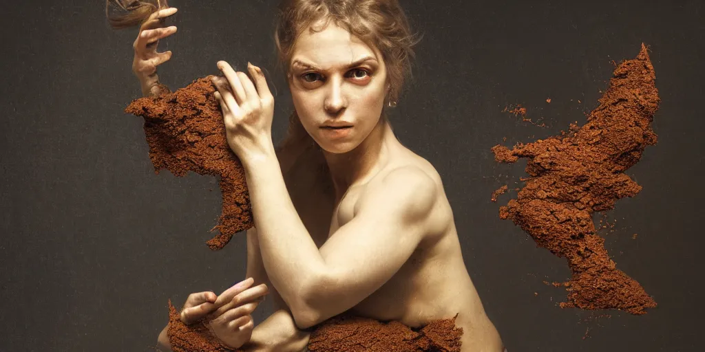 Prompt: highly detailed photography of a woman made of rust clay and ember, rocks, hand gesture, sharp focus, dust particles, dirt, dramatic scene, aesthetic, dynamic lighting, elegant, harmony, masterpiece, by roberto ferri, blue background, high quality, spatula