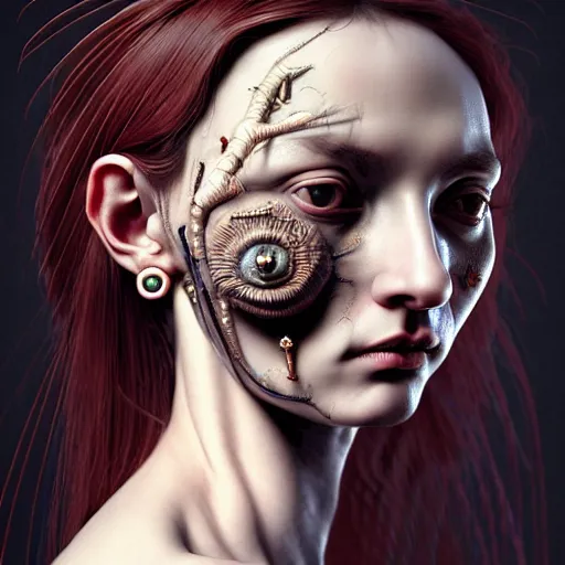 Prompt: Colour Caravaggio style Photography of Beautiful woman with highly detailed 1000 years old face wearing highly detailed sci-fi piercing designed by Josan Gonzalez. Many details . In style of Josan Gonzalez and Mike Winkelmann andgreg rutkowski and alphonse muchaand and Caspar David Friedrich and Stephen Hickman and James Gurney and Hiromasa Ogura. volumetric natural light