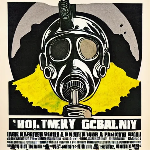 Prompt: horror movie poster about a guy in a gas mask with a pickaxe murdering people in a mining town