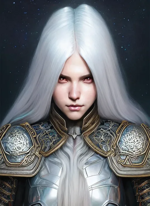 Image similar to light iridescent armor!!! long wild white hair!! covered chest!!! fantasy, d & d, intricate ornate details, digital painting, pretty face!!, symmetry, concept art, sharp focus, illustration, art by artgerm! greg rutkowski magali villeneuve wlop! ilya kuvshinov!!, octane render