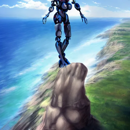 Image similar to ( anime!! humanoid robot ) ( standing on top of a large cliff ) overlooking the sea, anime!! artistic artstation