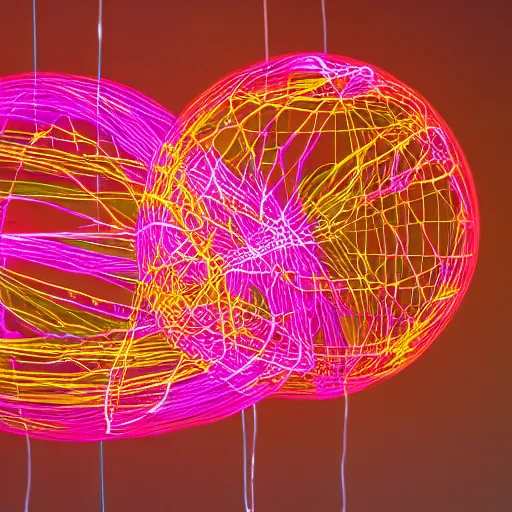 Image similar to generative art, neon light bulb, string art, janusz jurek, 4k HDR