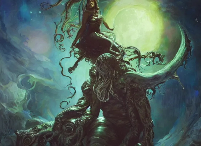 Image similar to my bed giant cthulhu children afraid in the dark moon light by gaston bussiere, anna nikonova aka newmilky, yoji shinkawa, yoshitaka amano, tsutomu niehi, trending on artstation, featured on pixiv, cinematic composition, 8 k