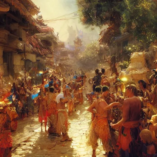 Prompt: cloud tribe villagers celebrating in the streets of their mountain village, fantasy splash art by gaston bussiere, craig mullins