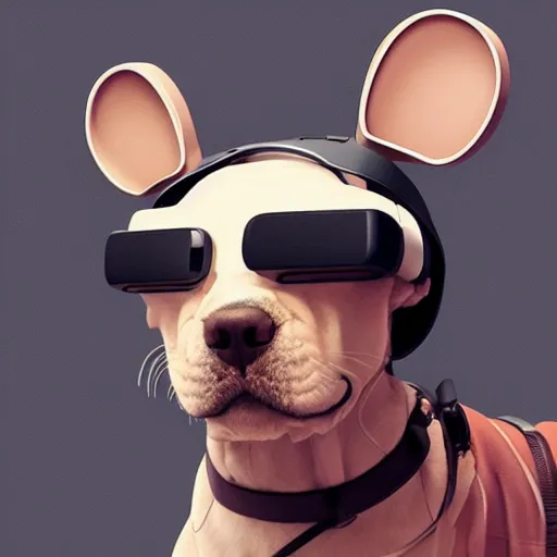 Image similar to a dog wearing a VR headset on its head. By Makoto Shinkai, Stanley Artgerm Lau, WLOP, Rossdraws, James Jean, Andrei Riabovitchev, Marc Simonetti, krenz cushart, Sakimichan, trending on ArtStation, digital art.