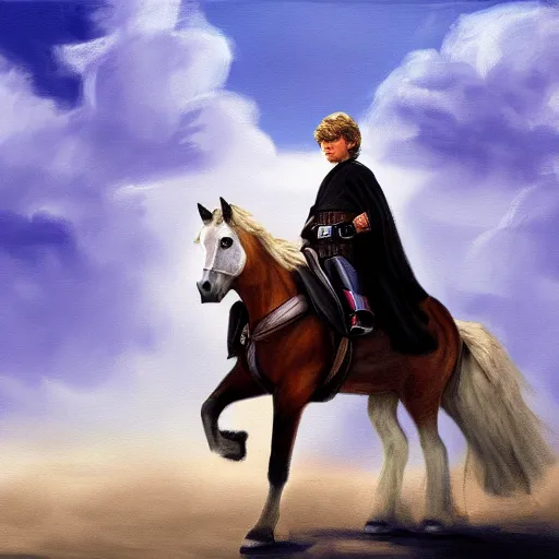 Image similar to anakin skywalker riding a pony, cinematic painting