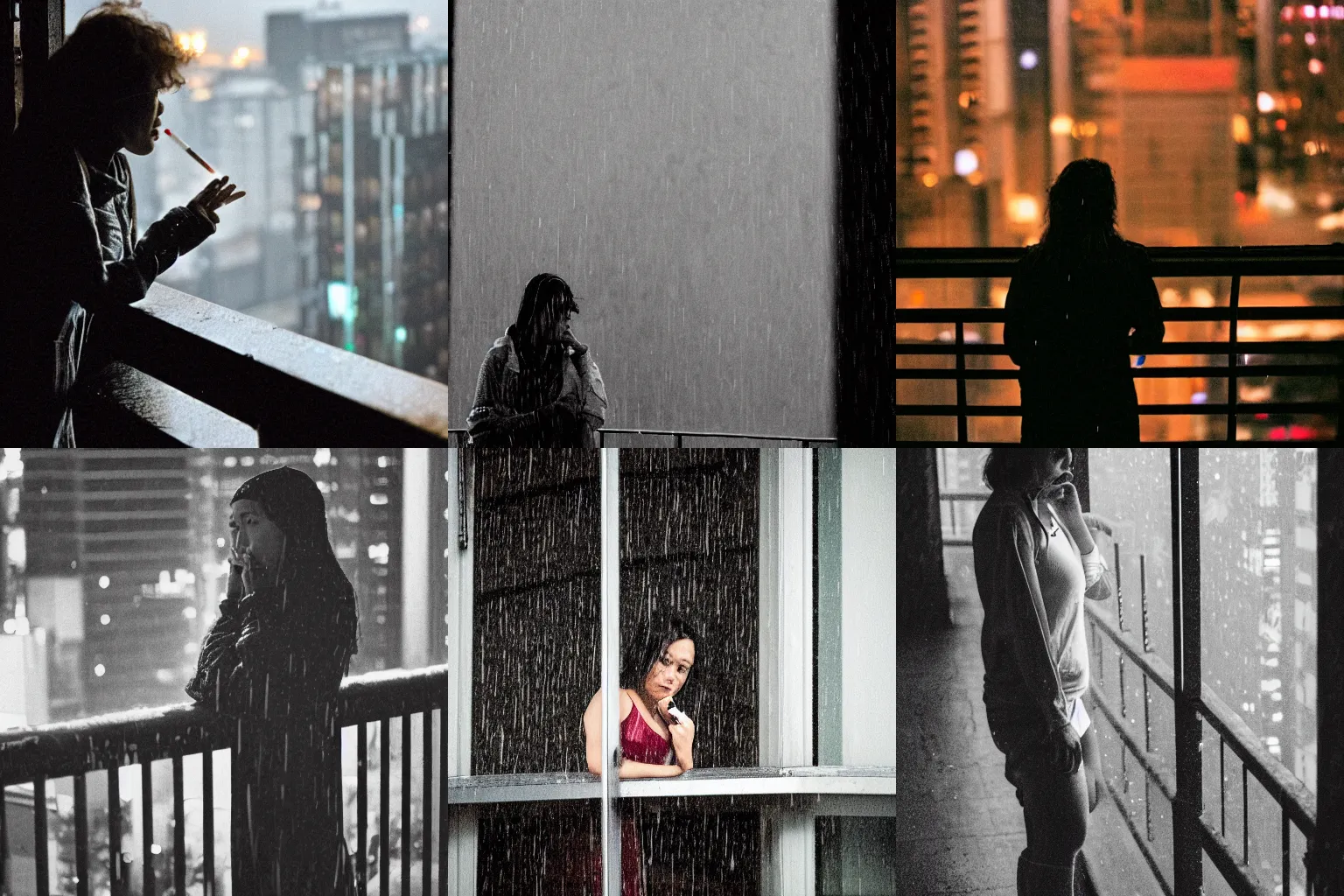 Prompt: a woman leaning on a twentieth-story balcony railing in the rain, tired expression, smoking a cigarette, looking out at a cyberpunk city at night in the rain, candid photo, 200mm lens, kodak portra 160, 8k