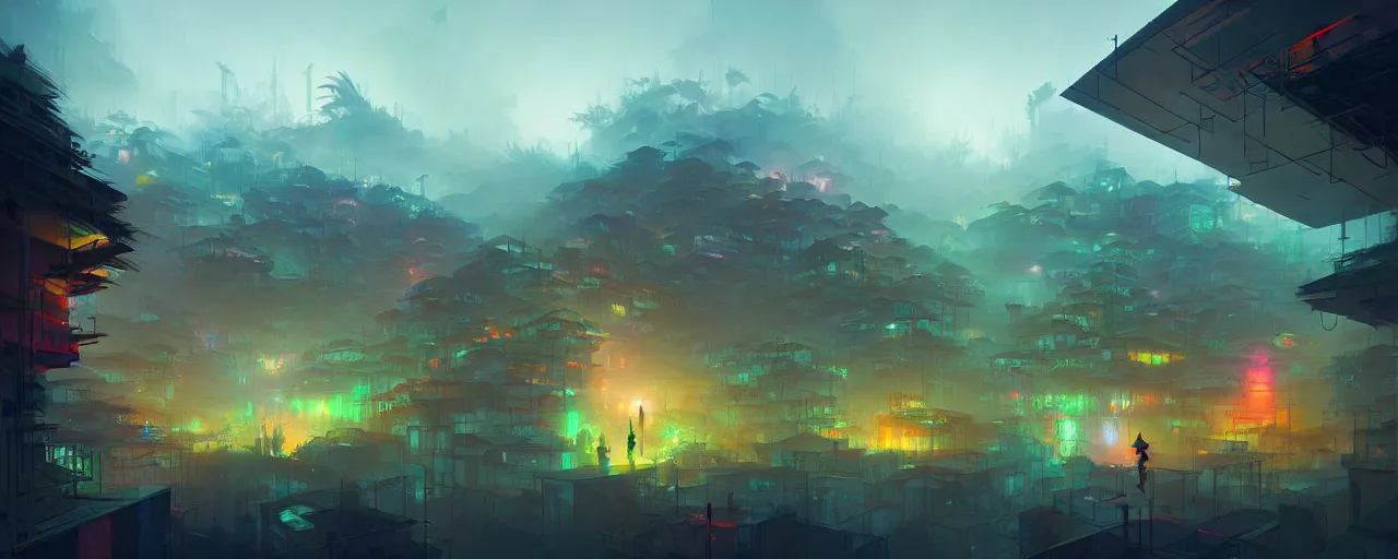 Prompt: cloud forest neon favelas by peter mohrbacher and craig mullins and james jean and marc simonetti