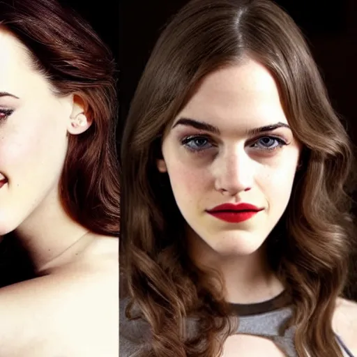 Image similar to a woman who is a genetic combination of kat dennings and emma watson face and upper - body focus