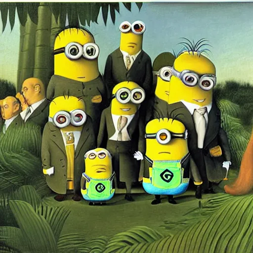 Prompt: The Minions and Gru painted by Henri Rousseau