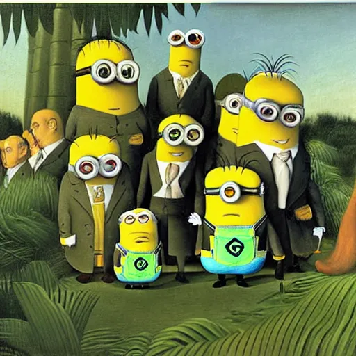 Image similar to The Minions and Gru painted by Henri Rousseau