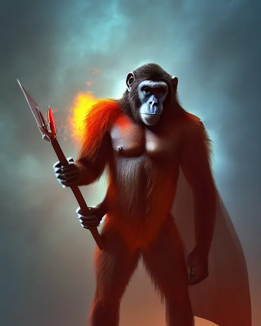 Prompt: fury art, an anthro ape monkey wearing a large cape and a fantasy armor, jungle, fiery background, 3 d, 8 k, extremely detailed, trending on furaffinity, trending on artstation, award winning, sharp focus, illustration