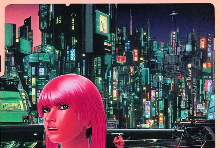 Prompt: 1979 OMNI Magazine Cover of android with shiny Chrome face with Pink hair. neo-Tokyo streets behind her. in cyberpunk style by Vincent Di Fate