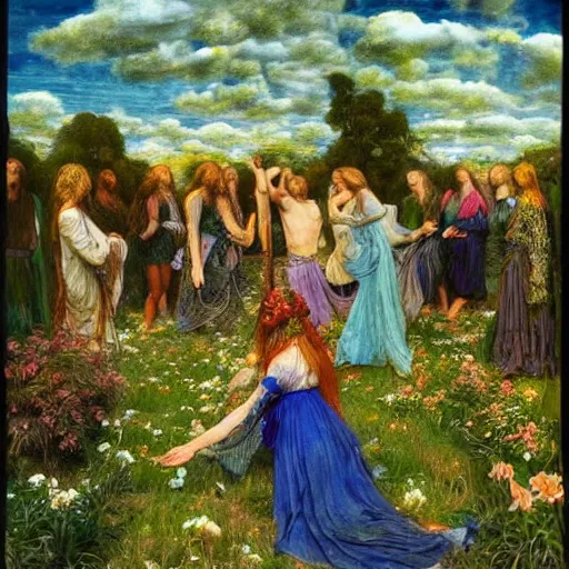 Image similar to preraphaelite hippies dancing in a flower forest, magic occult ceremony ritual summoning guitar, flowing forms, viewed from below, ultra wide angle, beautiful sky, highly detailed