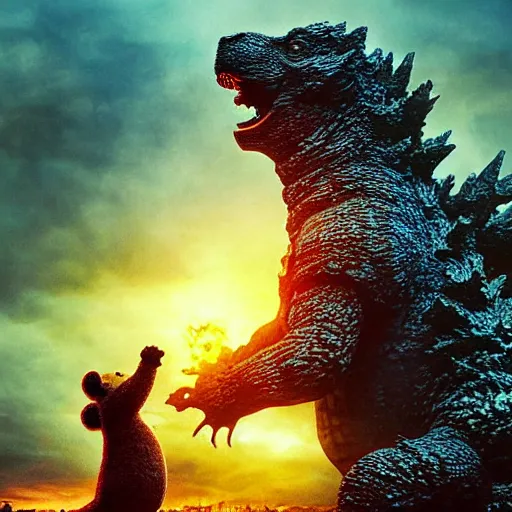 Image similar to godzilla with the head of winnie the pooh and the face of xi jinping, cinematic composition, epic dramatic lighting, realistic, hyperdetailed, photorealistic, photograph, epic scale by gaston bussiere