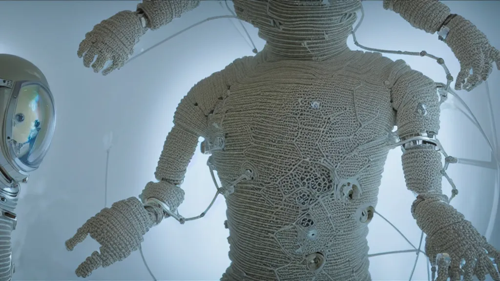 Image similar to a cybernetic symbiosis of a single astronaut eva suit made of wearing knitted yarn thread infected with diamond 3d fractal lace iridescent bubble 3d skin covered with insectoid compound eye camera lenses floats through the living room, film still from the movie directed by Denis Villeneuve with art direction by Salvador Dalí, wide lens,