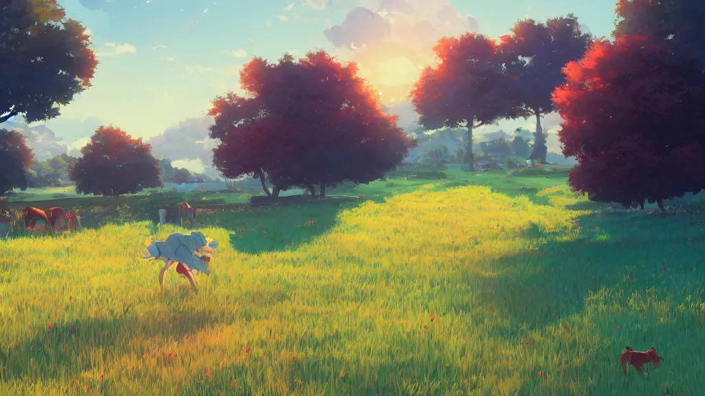 Image similar to landscape of a farm field background, rich vivid colors, ambient lighting, dynamic lighting, 4k, HQ, official media, concept art, anime key visual, makoto shinkai, ilya kuvshinov, lois van baarle, rossdraws, detailed, trending on artstation