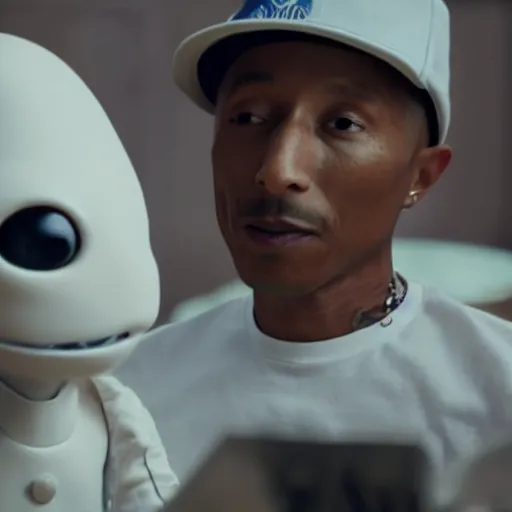 Image similar to cinematic film still of Pharrell Williams Making A Beat with an anthropomorphic alien, Japanese VFX, 2018, 400mm lens, f1.8, shallow depth of field,film photography