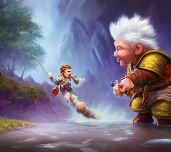 Prompt: fantasy halfling dice gambling with a white haired dwarf next to a shallow creek, oil painting, digital art, highly detailed, colorful, unreal engine, octane render, dramatic lighting, cinematic composition,