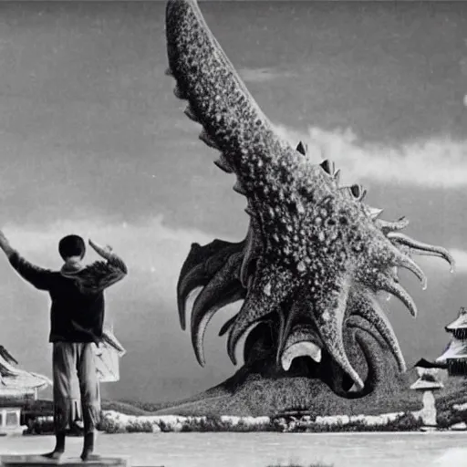 Image similar to a couple escaping from a giant Kaiju Starfish Monster over a traditional Korean village, minimal cinematography by Akira Kurosawa, movie filmstill, film noir, thriller by Kim Jong-il and Shin Sang-ok