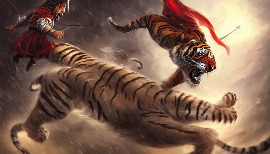 Prompt: ezio auditore fighting a tiger, fantasy digital painting, stunning intricate details, artwork by cyril rolando