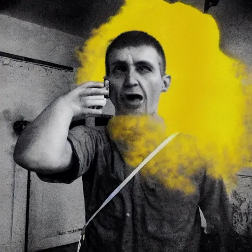 Image similar to a selfie of a ukrainian in yellow - blue rags against the backdrop of a nuclear explosion shoots himself in the head to die a less painful death