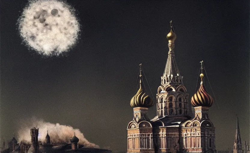 Image similar to a picture in high contrast by vasily vereshchagin of burning!!! st. basil's cathedral ( in smoke ) and ashes by the village, full moon in clouds!, visual art, 8 k resolution, 3 d modelling, hard lighting, masterpiece, vray