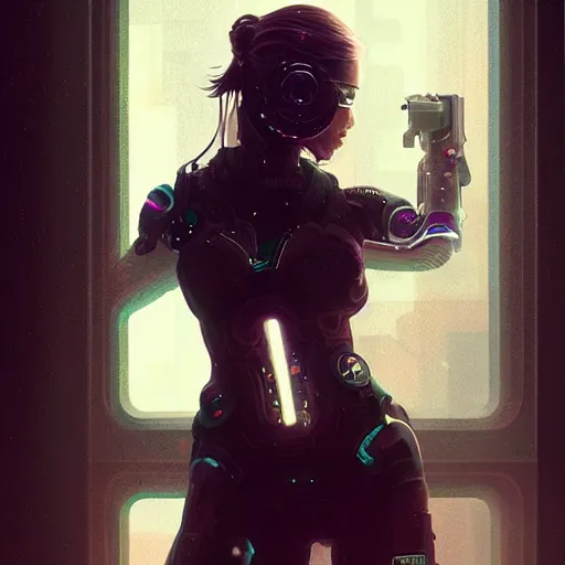 Image similar to portrait of cyberpunk woman looking out of a window, cyberpunk setting, futuristic, highly detailed, intricate lighting, digital painting, sharp focus, illustration, trending on artstation, art by krenz cushart.