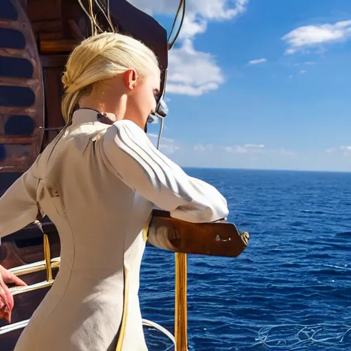 Prompt: a fierce, smiling, beautiful, friendly, calm, blonde, well - dressed, steampunk, covered, armed, pirate captain, standing on the deck of her ship gazing at the horizon in 1 7 3 0, sideview, zoom out, detailed, realistic