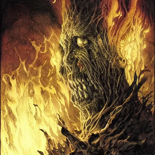 Image similar to the darkest fire, the brightest darkness, good and evil, epic, masterpiece, 8 k, 8 5 mm f / 1. 8 horror, flames, dark sci - fi, by bernie wrightson, by santiago caruso, by sabbas apterus