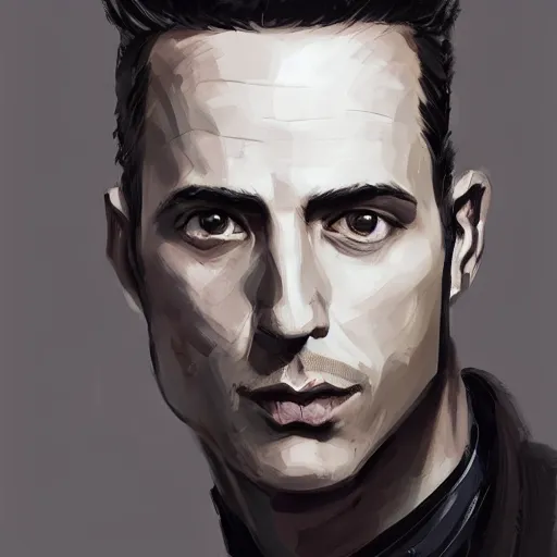 Prompt: Portrait of a man by Greg Rutkowski, he is about 30 years old, black quiff hair, his features are a mix between French, Turkish and Russian, strong, older brother vibes, he is wearing a futuristic police gear, highly detailed portrait, digital painting, artstation, concept art, smooth, sharp foccus ilustration, Artstation HQ.