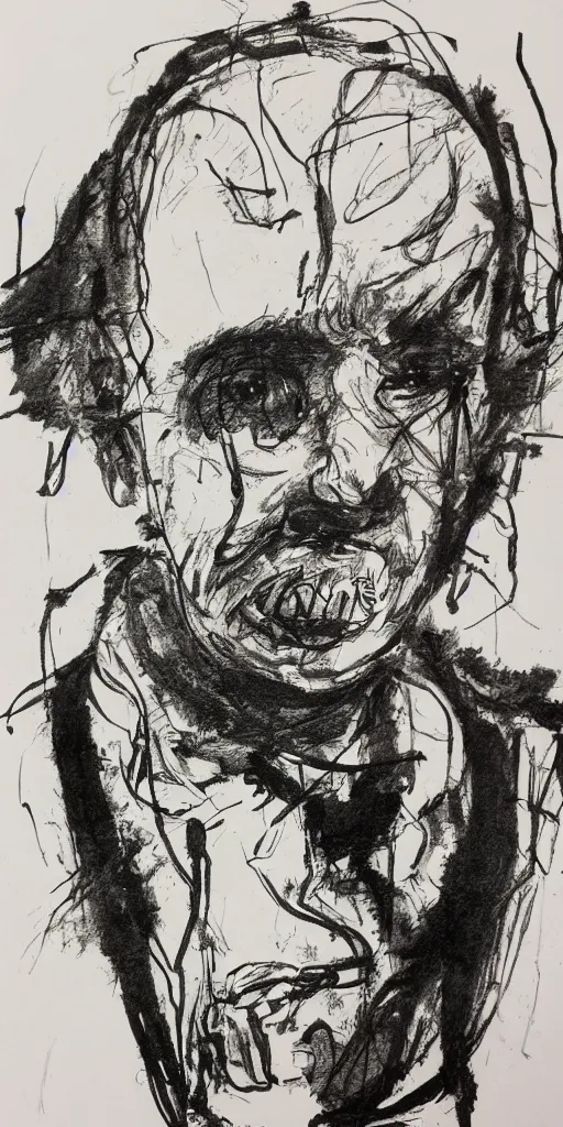 Image similar to a loose wild messy ink sketch portrait of a self portrait in the style of ralph steadman, caricature, dramatic