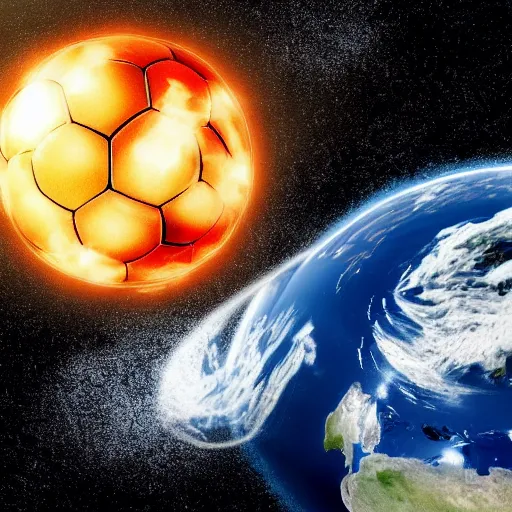 Prompt: A gigantic soccer ball colliding with the planet earth, destroying it