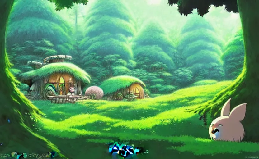 Image similar to lush forest with a cute woodland home, fantasy studio ghibli animated film, fantasy concept art, aesthetic, glob